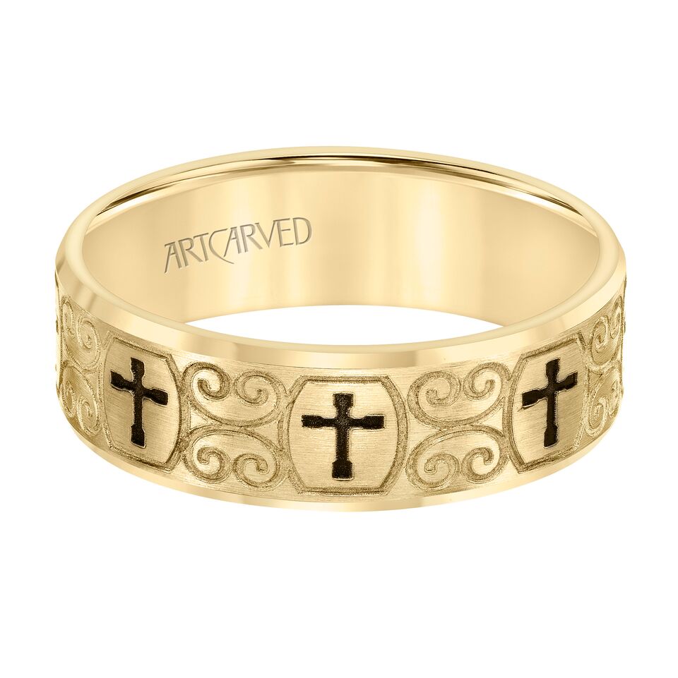 ArtCarved 7mm 14k Yellow Gold Engraved Cross and Scroll