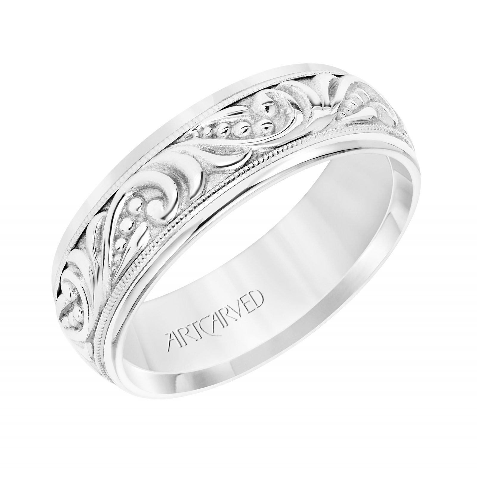ArtCarved 7mm 14k White Gold Engraved Paisley Pattern Band