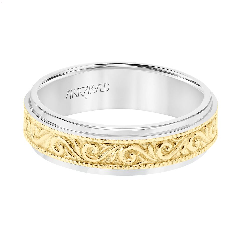 ArtCarved 6.5mm 14k White & Yellow Gold Inlaid Paisley Pattern Band ...