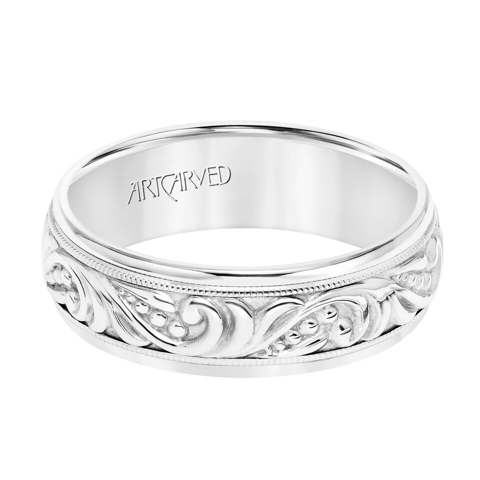 ArtCarved 7mm 14k White Gold Engraved Paisley Pattern Band
